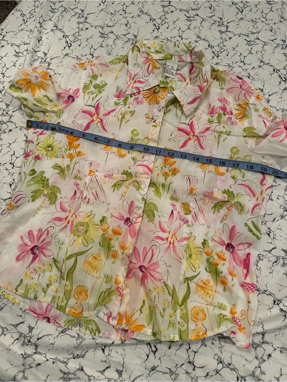 Vintage White Floral Button-Up Shirt with Pink & Orange Blooms - Picture 7 of 7